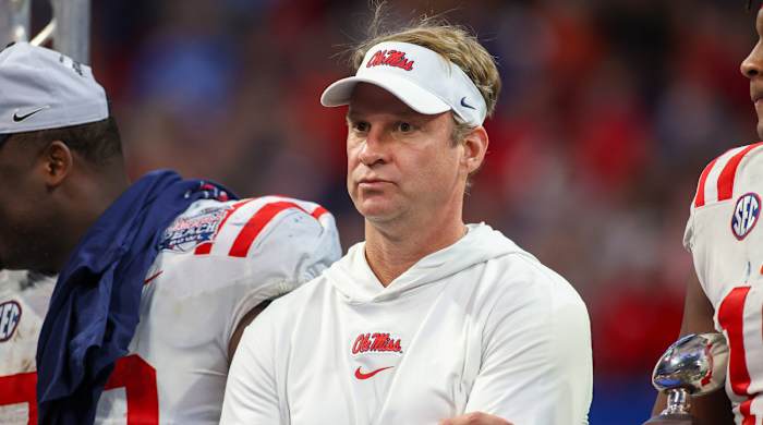 Lane Kiffin looks on during Ole Miss’s Peach Bowl win.